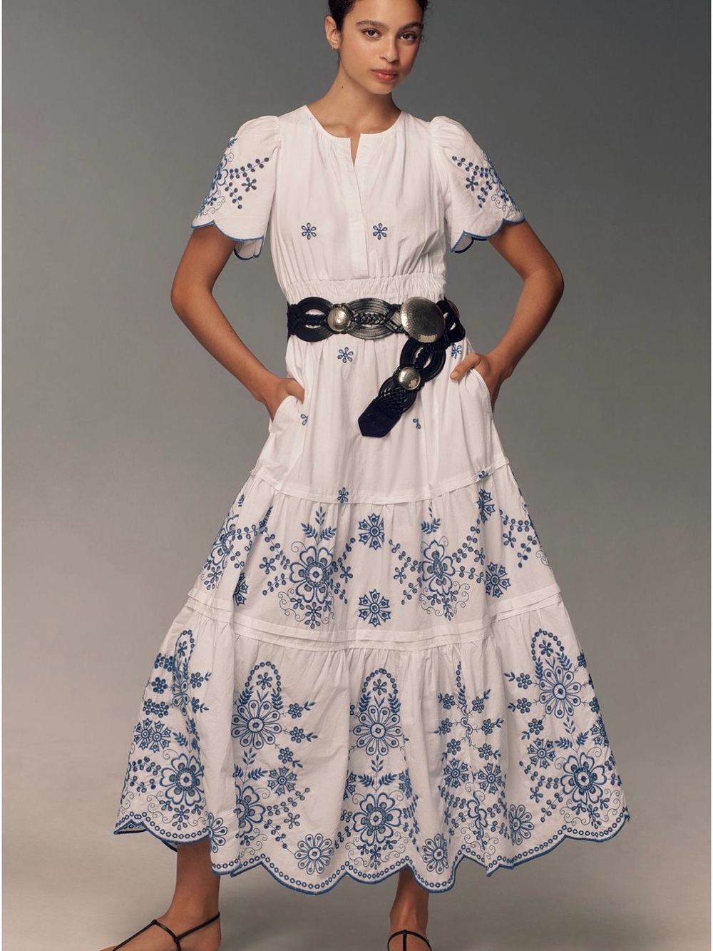 Anthropologie The Somerset by Maeve White Maxi Dress with Blue Embroidery - Picture 2 of 10
